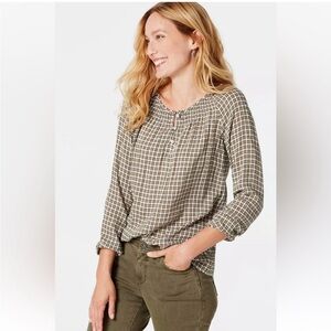 J.JILL RELAXED FIT SMOCKED LONG SLEEVE OLIVE + CREAM - 4X